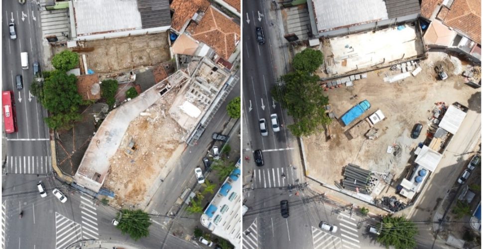 Antes e depois das demolições para construção de nova praça. Fotos: Prefeitura